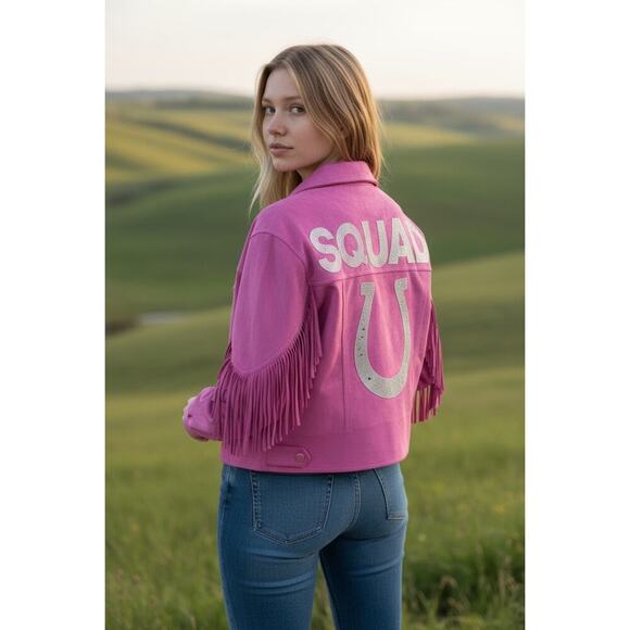 Judith March Tops - Judith March Pink Faux Suede Squad Rhinestone Fringe Western snaps Omega Shirt